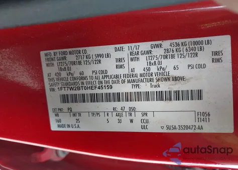 2017 Ford F-250 Xlt из США, поврежденный, VIN 1FT7W2BT0HEF45159